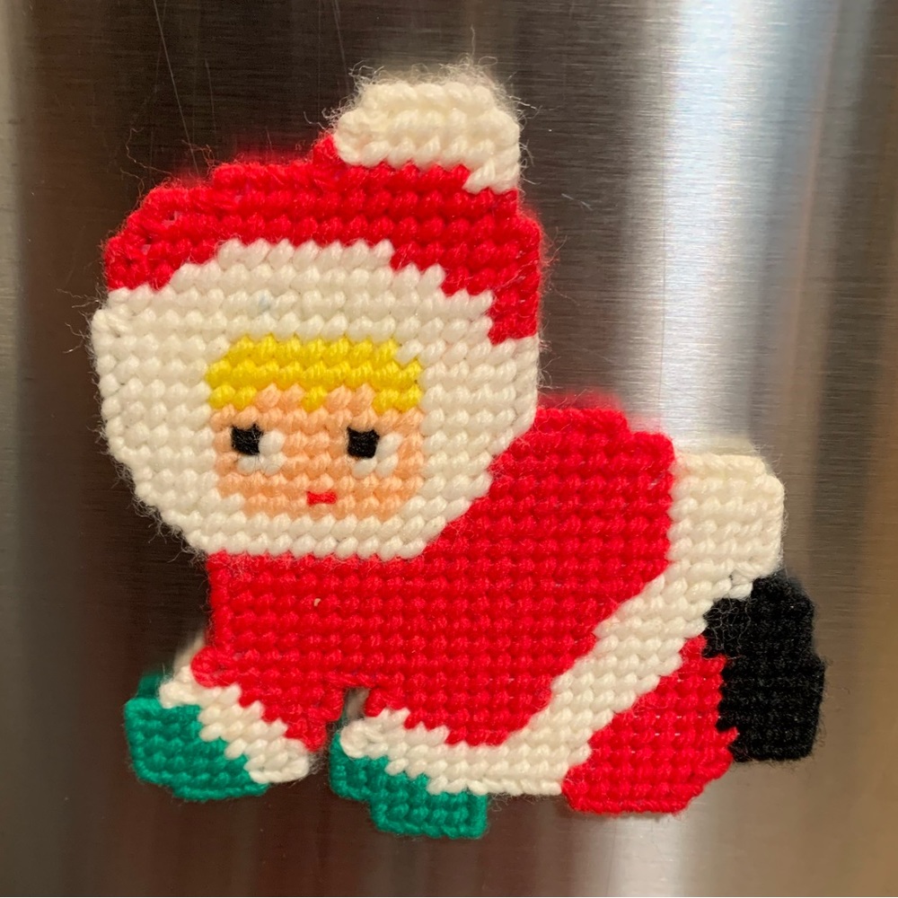 Vintage Baby Santa Needlepoint Christmas Magnet - 5”x5”